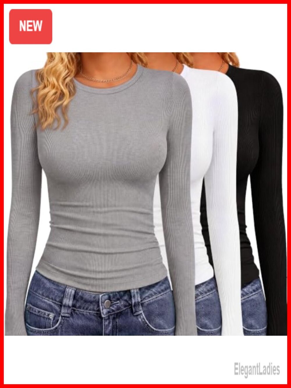 Women's Ribbed Long Sleeve Crew Neck Slim Fit Top 3 Pack